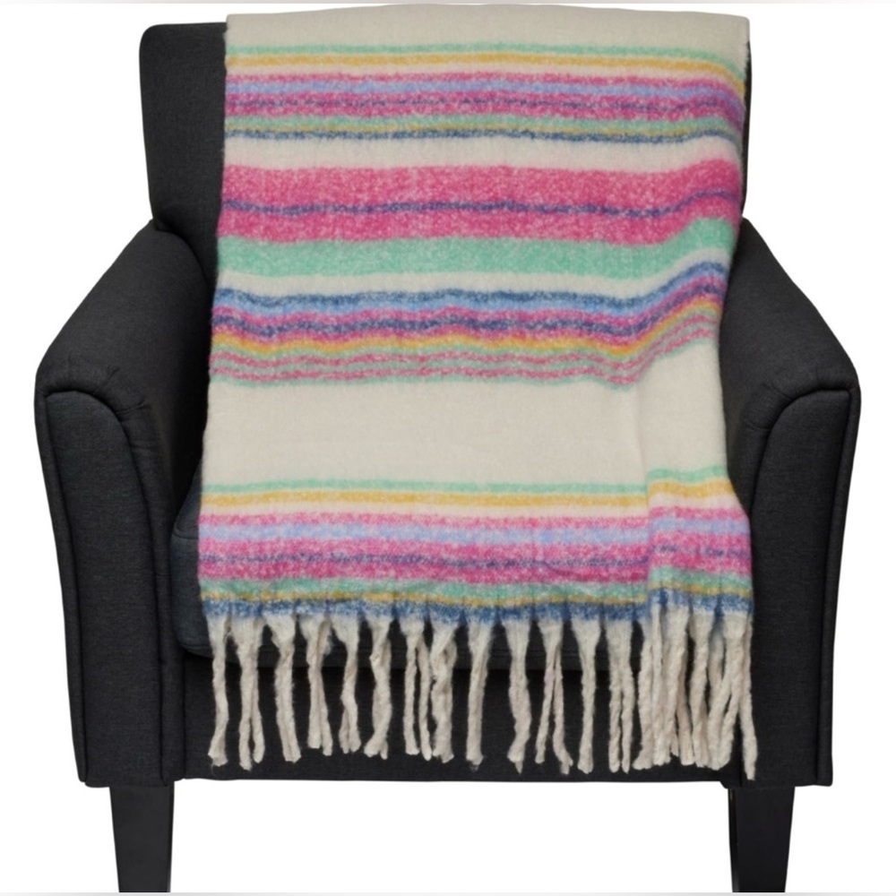 NWT Free People Fringe Throw Blanket 60x51 in Skye Stripe Ivory New $78 retail - Picture 7 of 8